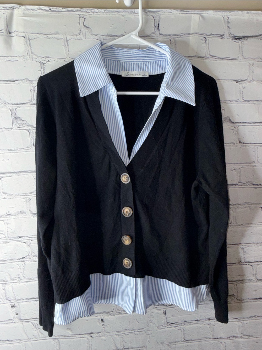 Sioni Milano Black Layered-Look Button Down Top with Blue Stripe Shirt large
